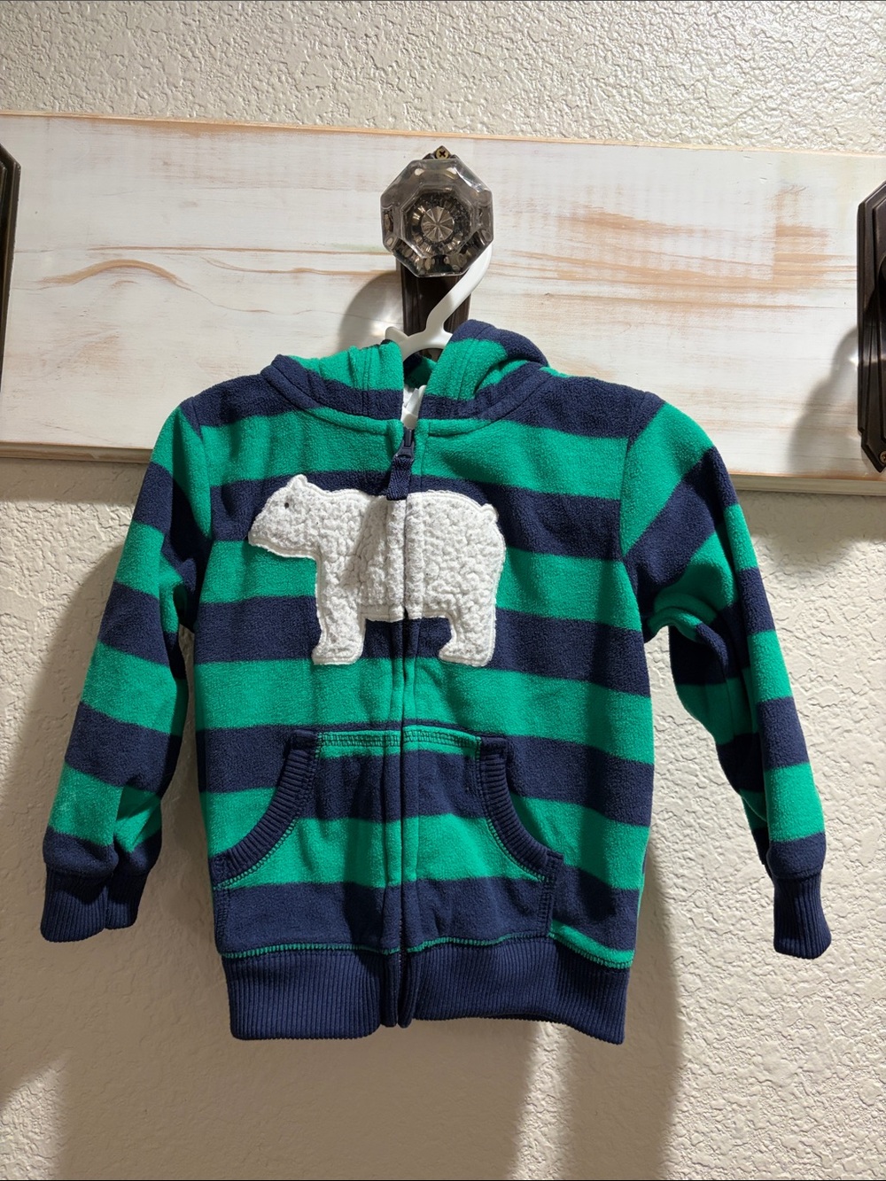 Striped Green & Navy Hooded Kids Jacket with Polar Bear Applique